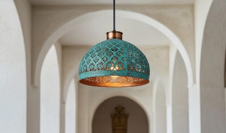 Handmade Moroccan Brass Pendant Light – Turquoise Verdigris Pierced Dome Lamp with Warm Copper Interior, Moorish Ceiling Fixture