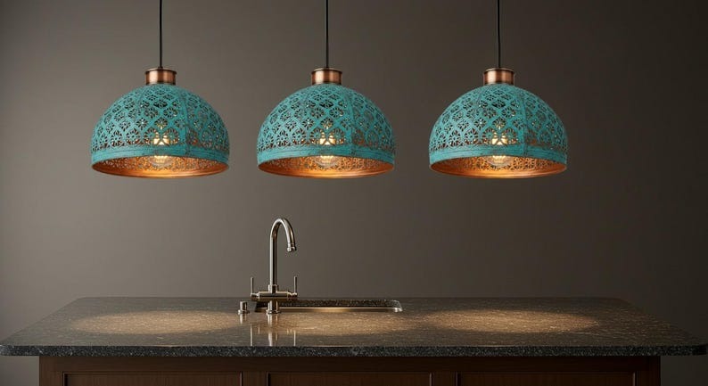 Handmade Moroccan Brass Pendant Light – Turquoise Verdigris Pierced Dome Lamp with Warm Copper Interior, Moorish Ceiling Fixture