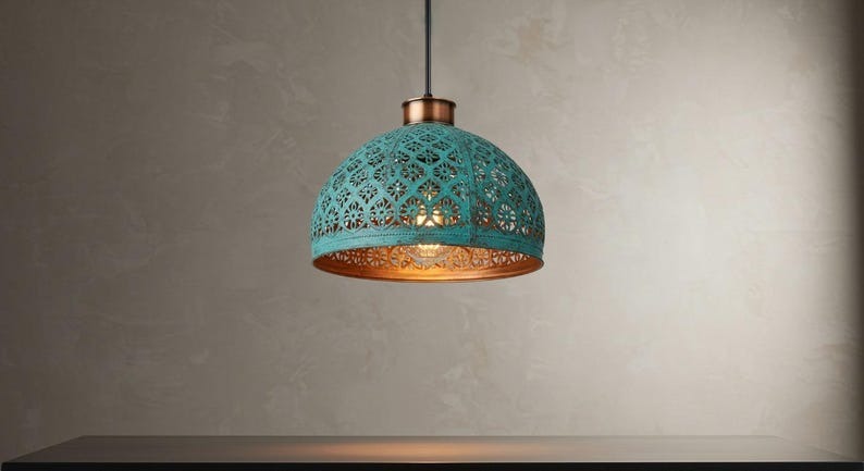 Handmade Moroccan Brass Pendant Light – Turquoise Verdigris Pierced Dome Lamp with Warm Copper Interior, Moorish Ceiling Fixture