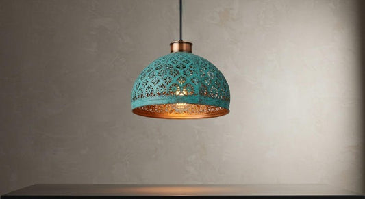 Handmade Moroccan Brass Pendant Light – Turquoise Verdigris Pierced Dome Lamp with Warm Copper Interior, Moorish Ceiling Fixture