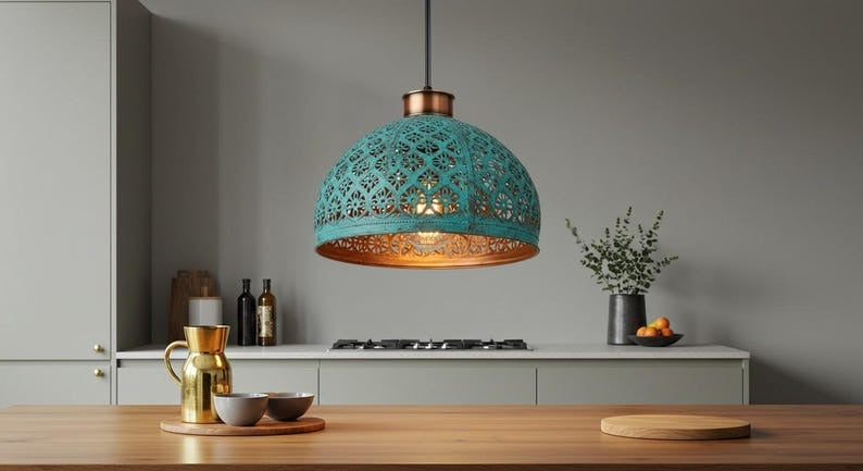 Handmade Moroccan Brass Pendant Light – Turquoise Verdigris Pierced Dome Lamp with Warm Copper Interior, Moorish Ceiling Fixture