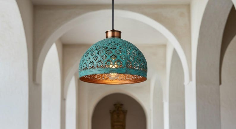 Handmade Moroccan Brass Pendant Light – Turquoise Verdigris Pierced Dome Lamp with Warm Copper Interior, Moorish Ceiling Fixture