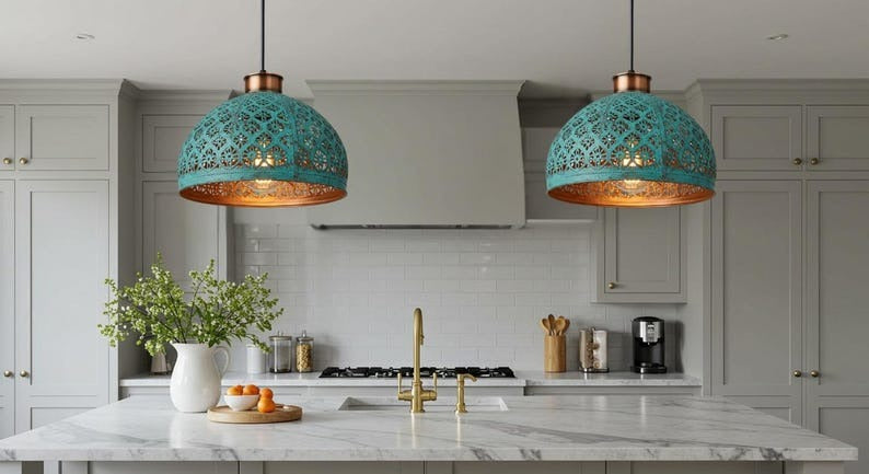 Handmade Moroccan Brass Pendant Light – Turquoise Verdigris Pierced Dome Lamp with Warm Copper Interior, Moorish Ceiling Fixture