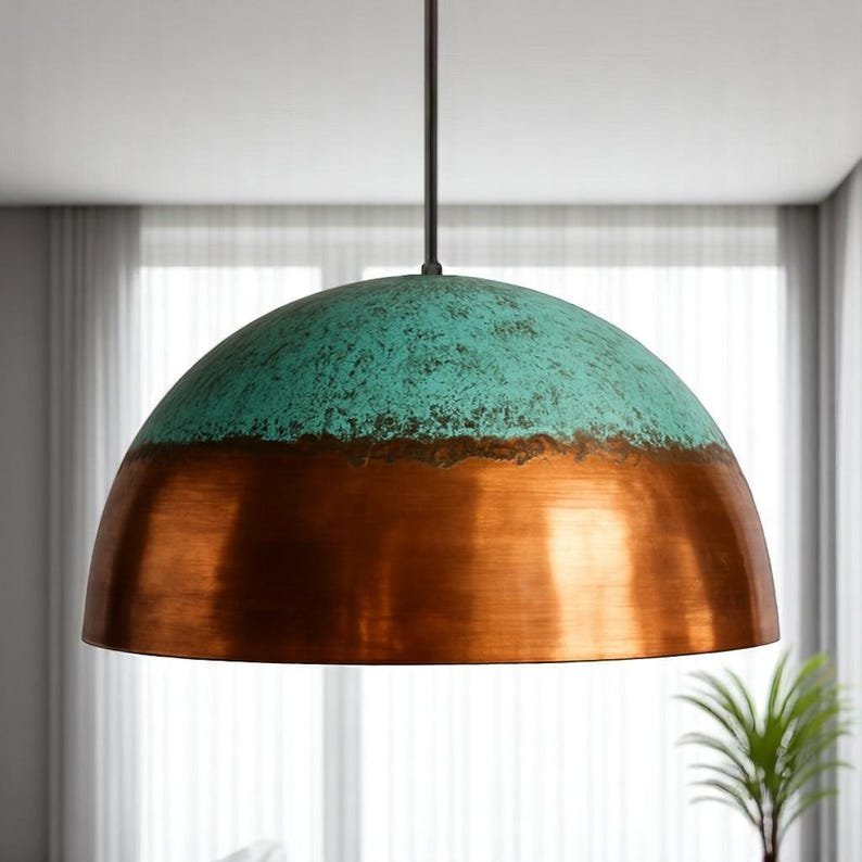 Two-Tone Green Patina Copper Dome Pendant Light, Handmade Moroccan Verdigris and Polished Copper Kitchen Island Chandelier, Rustic Boho Farmhouse Ceiling Light Fixture