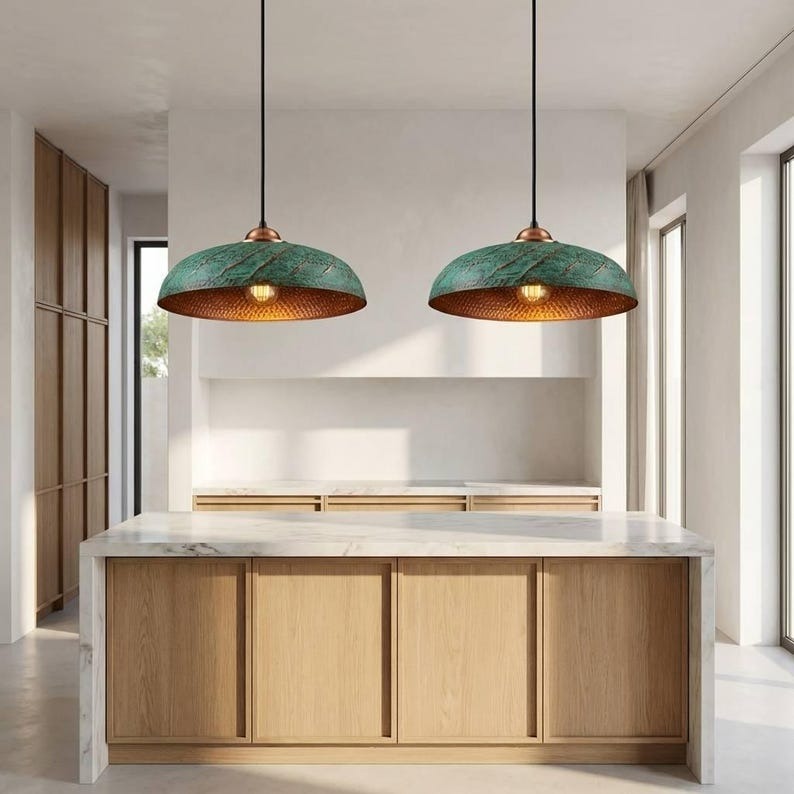 Handmade Moroccan Brass Dome Pendant Light – Hammered Green Verdigris Patina Hanging Lamp with Copper Brass Interior, Perforated Artisan Ceiling Light for Kitchen Island, Dining Room & Living Room