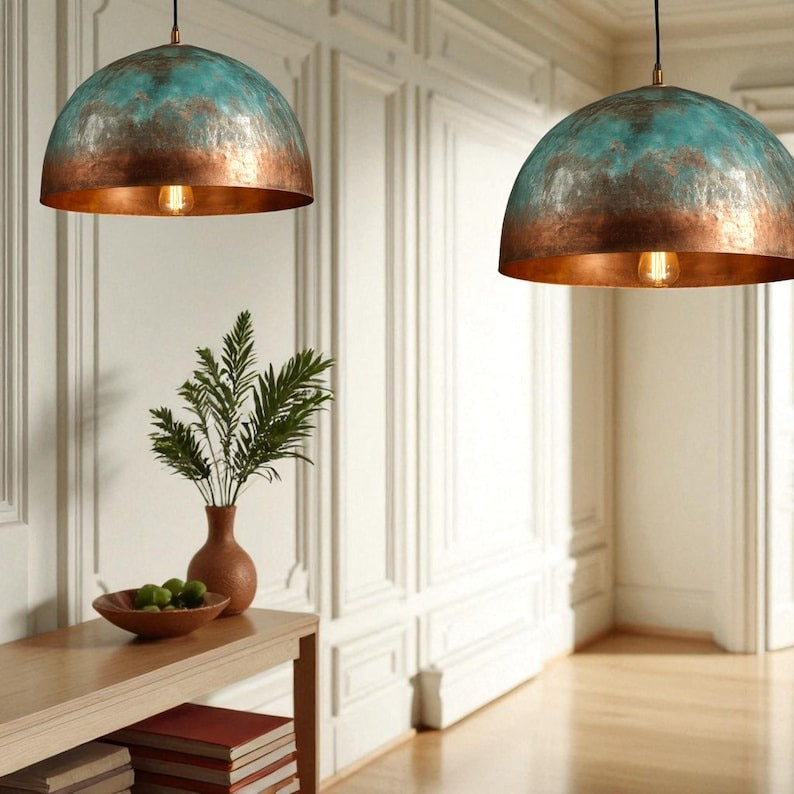 Verdigris Brass Dome Pendant Light – Aged Copper Kitchen Island Chandelier with Turquoise Patina