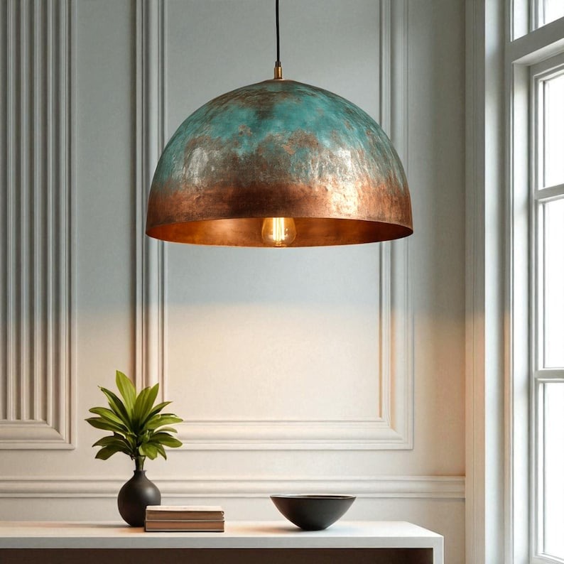 Verdigris Brass Dome Pendant Light – Aged Copper Kitchen Island Chandelier with Turquoise Patina