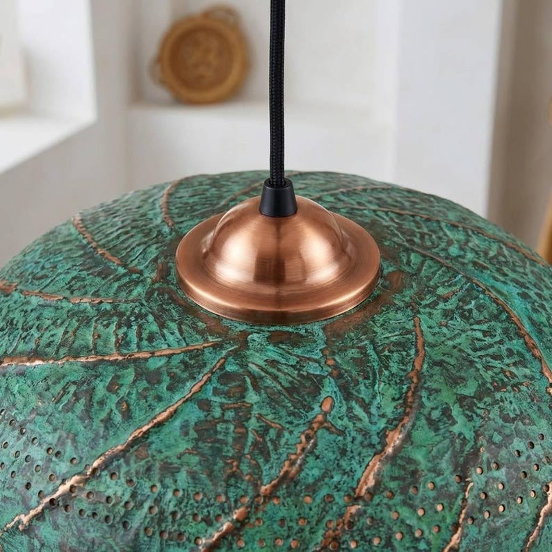 Handmade Moroccan Brass Dome Pendant Light – Hammered Green Verdigris Patina Hanging Lamp with Copper Brass Interior, Perforated Artisan Ceiling Light for Kitchen Island, Dining Room & Living Room