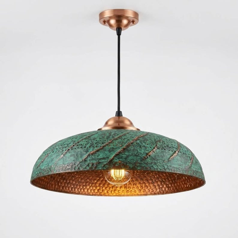 Handmade Moroccan Brass Dome Pendant Light – Hammered Green Verdigris Patina Hanging Lamp with Copper Brass Interior, Perforated Artisan Ceiling Light for Kitchen Island, Dining Room & Living Room