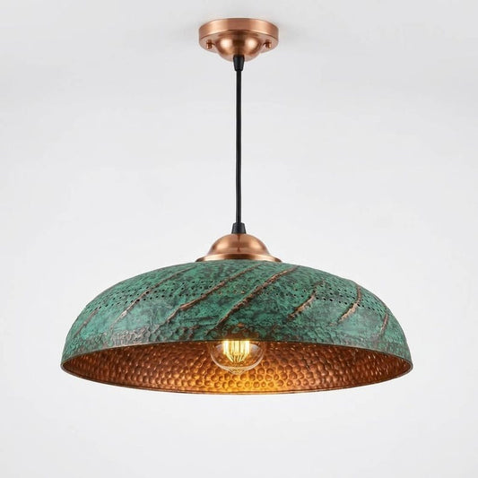 Handmade Moroccan Brass Dome Pendant Light – Hammered Green Verdigris Patina Hanging Lamp with Copper Brass Interior, Perforated Artisan Ceiling Light for Kitchen Island, Dining Room & Living Room