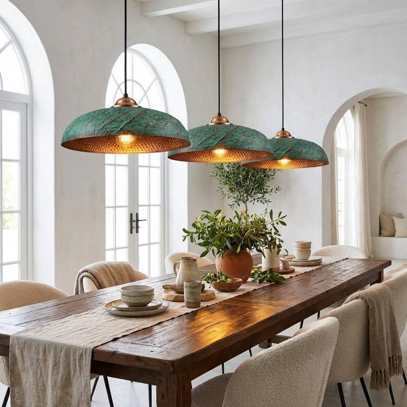 Handmade Moroccan Brass Dome Pendant Light – Hammered Green Verdigris Patina Hanging Lamp with Copper Brass Interior, Perforated Artisan Ceiling Light for Kitchen Island, Dining Room & Living Room