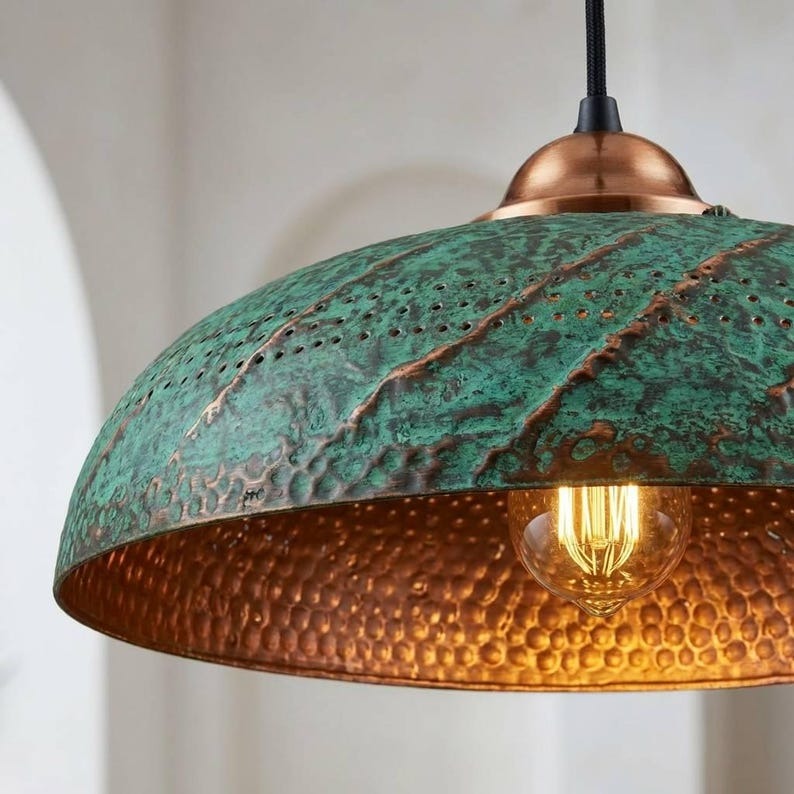 Handmade Moroccan Brass Dome Pendant Light – Hammered Green Verdigris Patina Hanging Lamp with Copper Brass Interior, Perforated Artisan Ceiling Light for Kitchen Island, Dining Room & Living Room