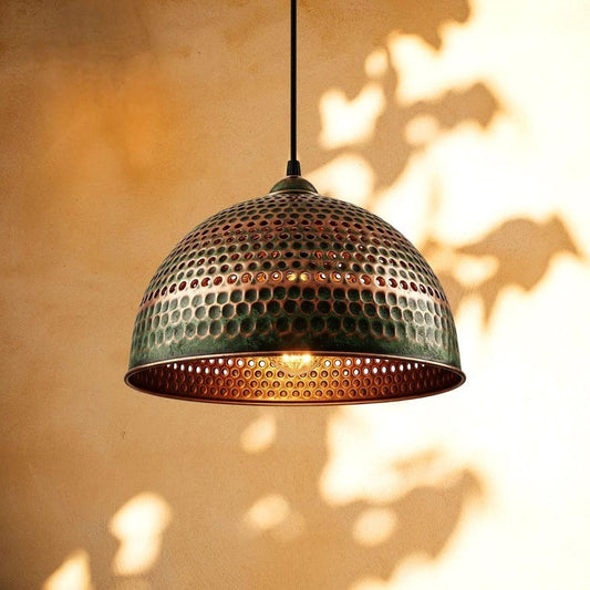 Handmade Moroccan Brass Dome Pendant Light – Hammered Green Verdigris Hanging Lamp with Pierced Dot Pattern and Warm Copper Interior for Kitchen Island, Dining Room & Living Room