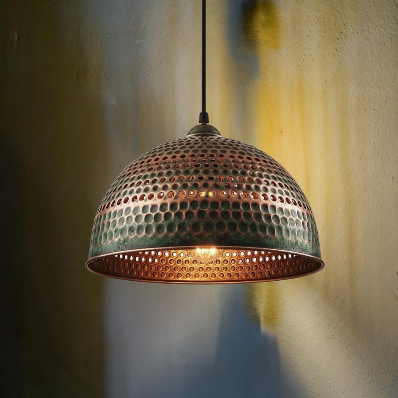 Handmade Moroccan Brass Dome Pendant Light – Hammered Green Verdigris Hanging Lamp with Pierced Dot Pattern and Warm Copper Interior for Kitchen Island, Dining Room & Living Room