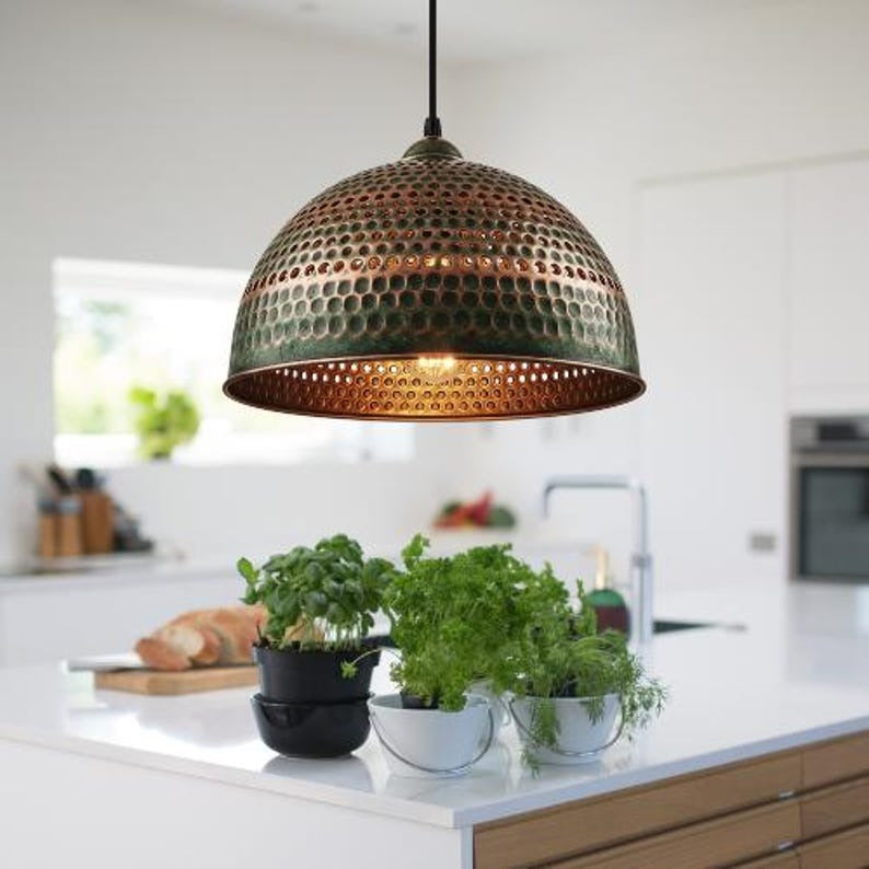 Handmade Moroccan Brass Dome Pendant Light – Hammered Green Verdigris Hanging Lamp with Pierced Dot Pattern and Warm Copper Interior for Kitchen Island, Dining Room & Living Room