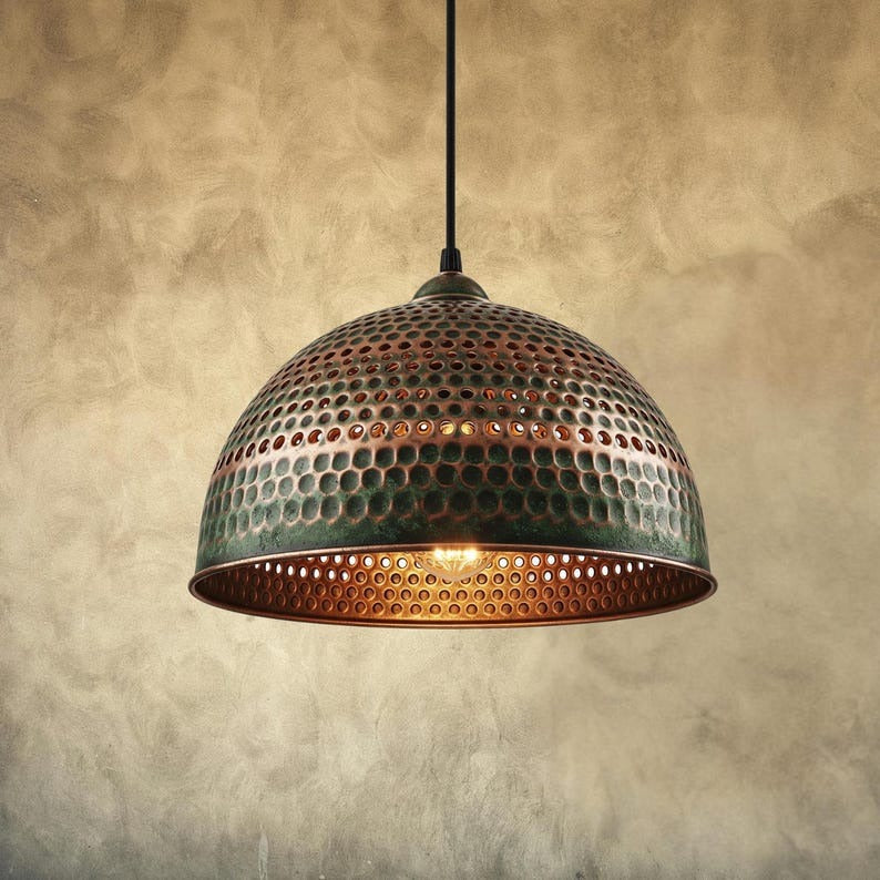 Handmade Moroccan Brass Dome Pendant Light – Hammered Green Verdigris Hanging Lamp with Pierced Dot Pattern and Warm Copper Interior for Kitchen Island, Dining Room & Living Room