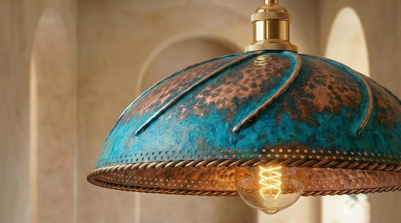 Handmade Brass Moroccan Dome Pendant Light – Blue Verdigris Patina & Copper Hammered Brass Hanging Lamp with Rope Trim, Rustic Kitchen Island Ceiling Fixture