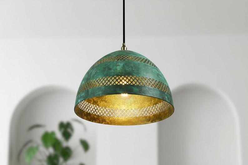 Handmade Moroccan Brass Dome Pendant Light – Turquoise Verdigris Patina Hanging Lamp with Pierced Lattice Bands, Boho Mediterranean Ceiling Light for Kitchen Island, Dining Room, Bedroom & Entryway