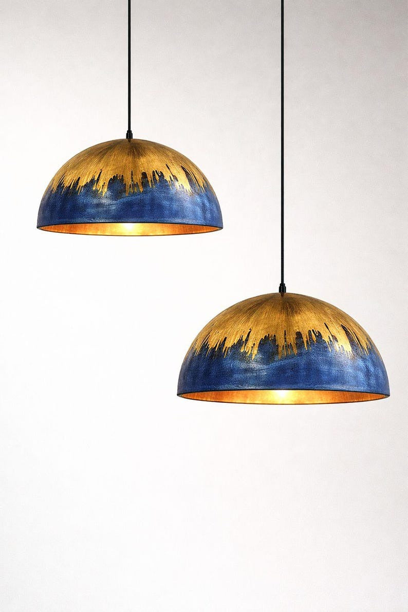 Blue & Gold Brass Dome Pendant Light – Hand-Finished Moroccan Kitchen Island Chandelier