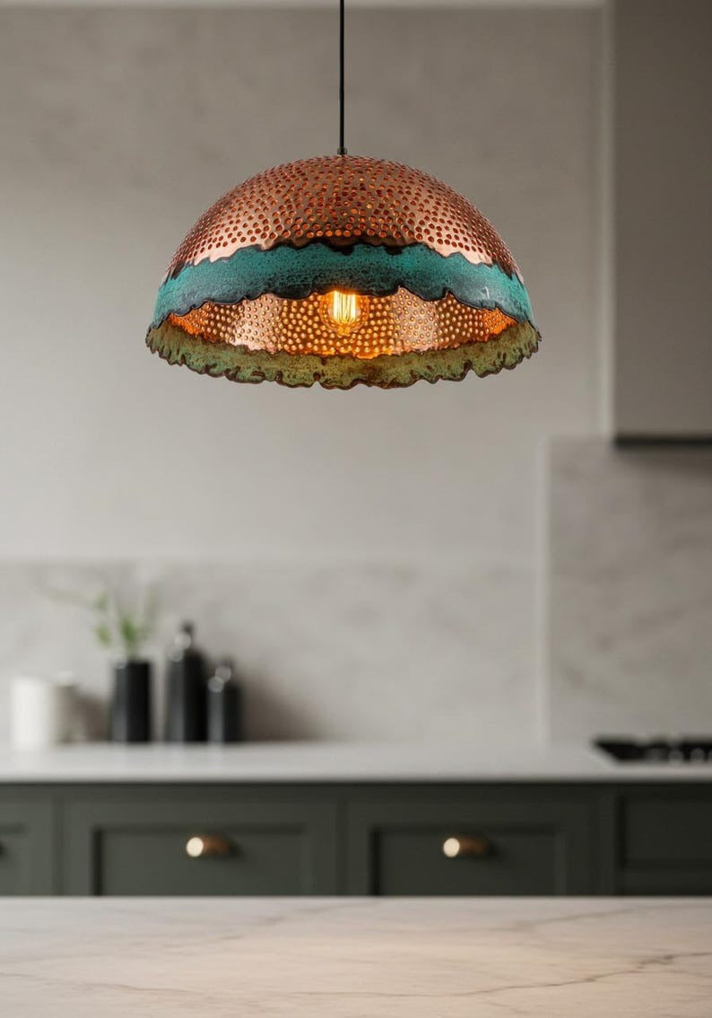 Pierced Verdigris Brass Dome Pendant Light – Hammered Copper Moroccan Kitchen Island Chandelier