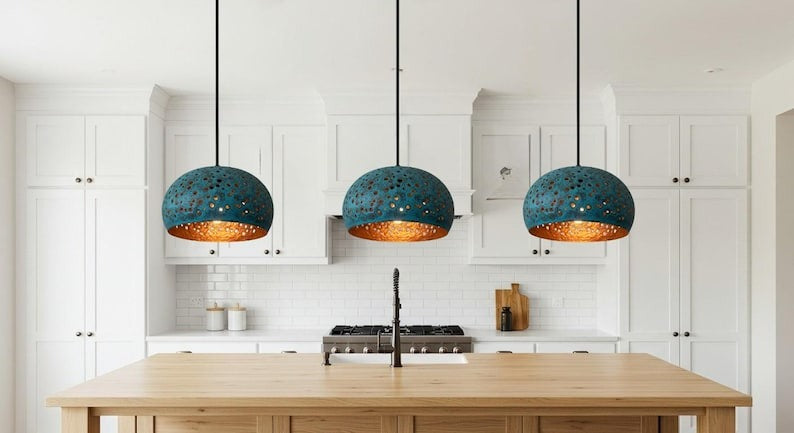 Verdigris Brass Dome Pendant Light – Pierced Moroccan Kitchen Island Chandelier with Turquoise Patina
