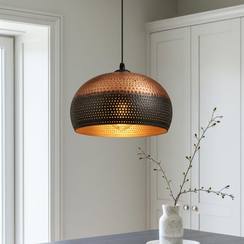 Perforated Brass Dome Pendant Light – Two-Tone Copper & Black Moroccan Kitchen Island Chandelier