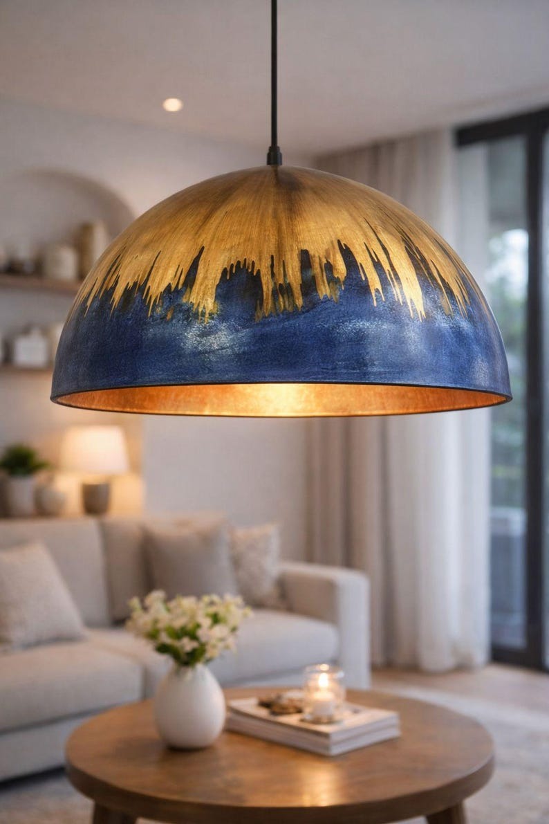 Blue & Gold Brass Dome Pendant Light – Hand-Finished Moroccan Kitchen Island Chandelier