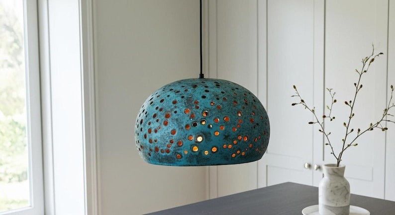 Verdigris Brass Dome Pendant Light – Pierced Moroccan Kitchen Island Chandelier with Turquoise Patina
