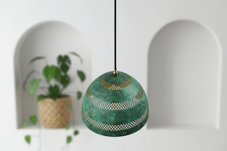 Handmade Moroccan Brass Dome Pendant Light – Turquoise Verdigris Patina Hanging Lamp with Pierced Lattice Bands, Boho Mediterranean Ceiling Light for Kitchen Island, Dining Room, Bedroom & Entryway