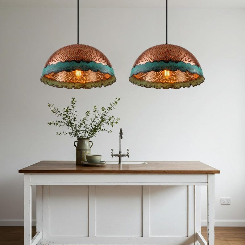 Pierced Verdigris Brass Dome Pendant Light – Hammered Copper Moroccan Kitchen Island Chandelier