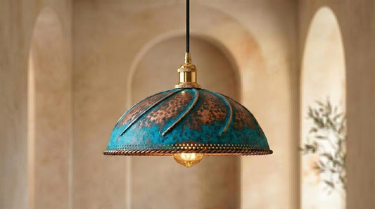 Handmade Brass Moroccan Dome Pendant Light – Blue Verdigris Patina & Copper Hammered Brass Hanging Lamp with Rope Trim, Rustic Kitchen Island Ceiling Fixture