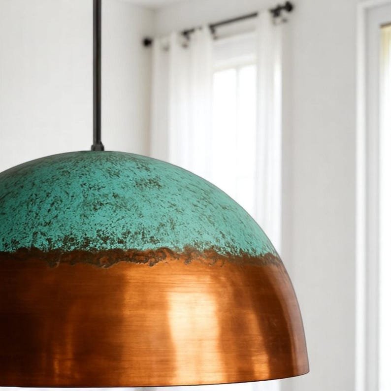 Two-Tone Green Patina Copper Dome Pendant Light, Handmade Moroccan Verdigris and Polished Copper Kitchen Island Chandelier, Rustic Boho Farmhouse Ceiling Light Fixture