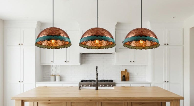 Pierced Verdigris Brass Dome Pendant Light – Hammered Copper Moroccan Kitchen Island Chandelier