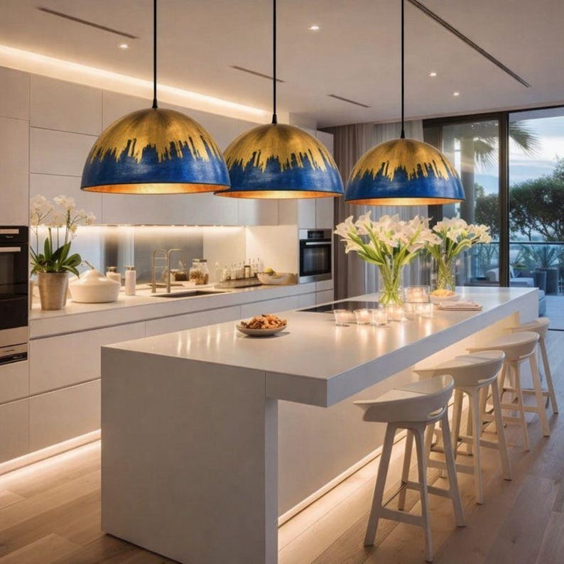 Blue & Gold Brass Dome Pendant Light – Hand-Finished Moroccan Kitchen Island Chandelier