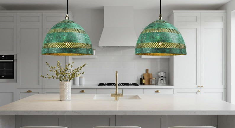 Handmade Moroccan Brass Dome Pendant Light – Turquoise Verdigris Patina Hanging Lamp with Pierced Lattice Bands, Boho Mediterranean Ceiling Light for Kitchen Island, Dining Room, Bedroom & Entryway