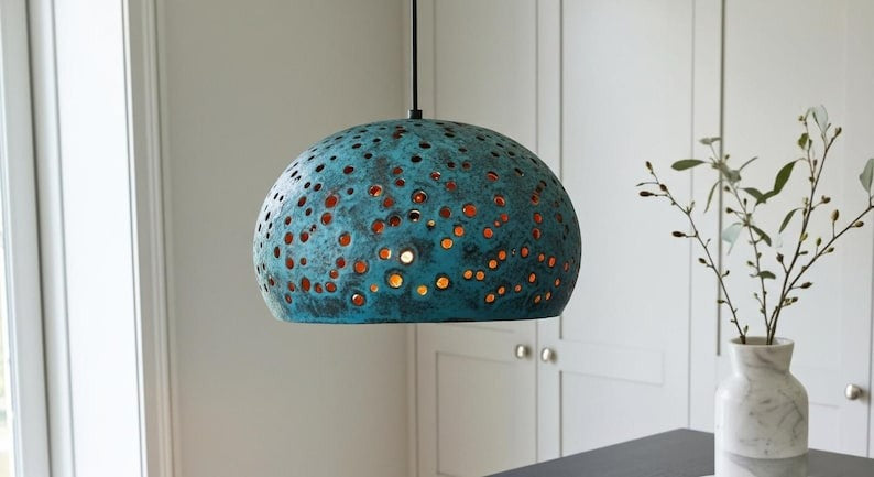 Verdigris Brass Dome Pendant Light – Pierced Moroccan Kitchen Island Chandelier with Turquoise Patina