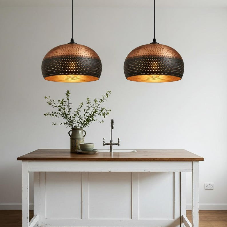Perforated Brass Dome Pendant Light – Two-Tone Copper & Black Moroccan Kitchen Island Chandelier