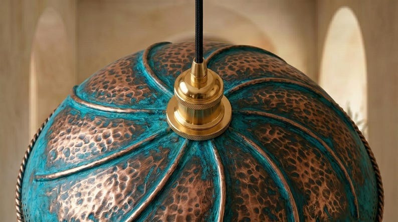 Handmade Brass Moroccan Dome Pendant Light – Blue Verdigris Patina & Copper Hammered Brass Hanging Lamp with Rope Trim, Rustic Kitchen Island Ceiling Fixture