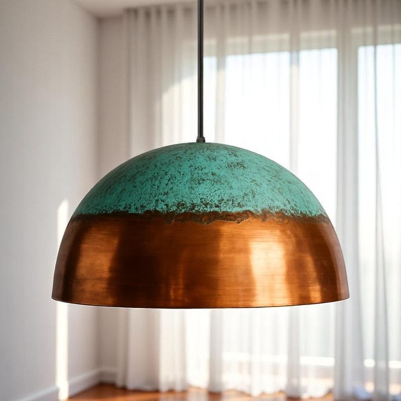 Two-Tone Green Patina Copper Dome Pendant Light, Handmade Moroccan Verdigris and Polished Copper Kitchen Island Chandelier, Rustic Boho Farmhouse Ceiling Light Fixture