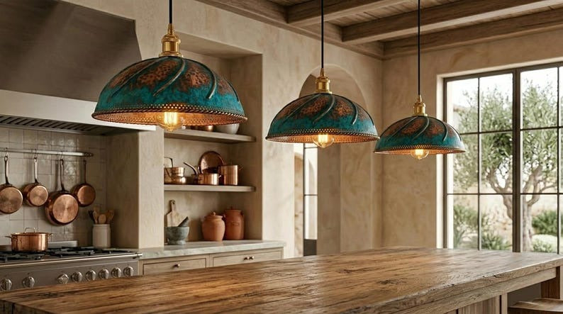 Handmade Brass Moroccan Dome Pendant Light – Blue Verdigris Patina & Copper Hammered Brass Hanging Lamp with Rope Trim, Rustic Kitchen Island Ceiling Fixture