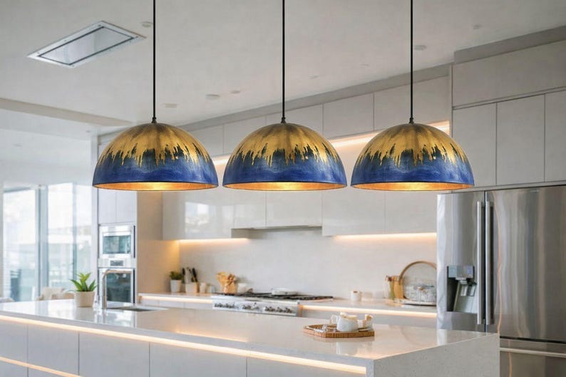 Blue & Gold Brass Dome Pendant Light – Hand-Finished Moroccan Kitchen Island Chandelier