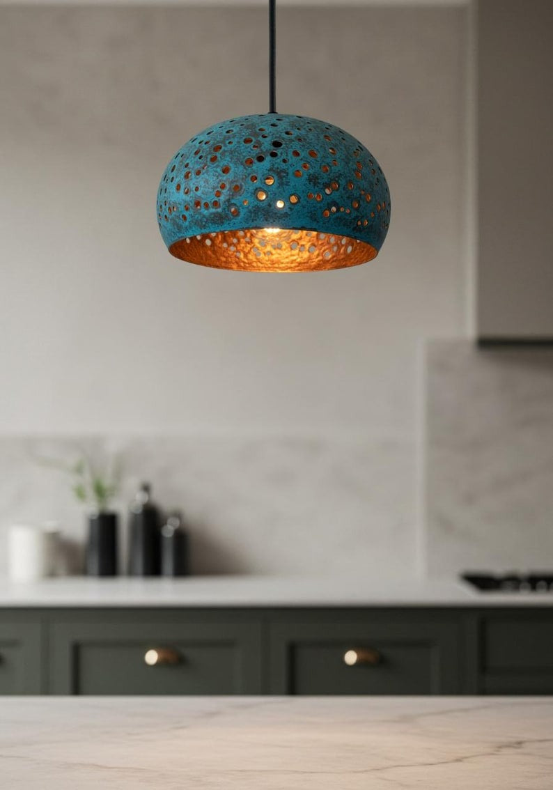Verdigris Brass Dome Pendant Light – Pierced Moroccan Kitchen Island Chandelier with Turquoise Patina
