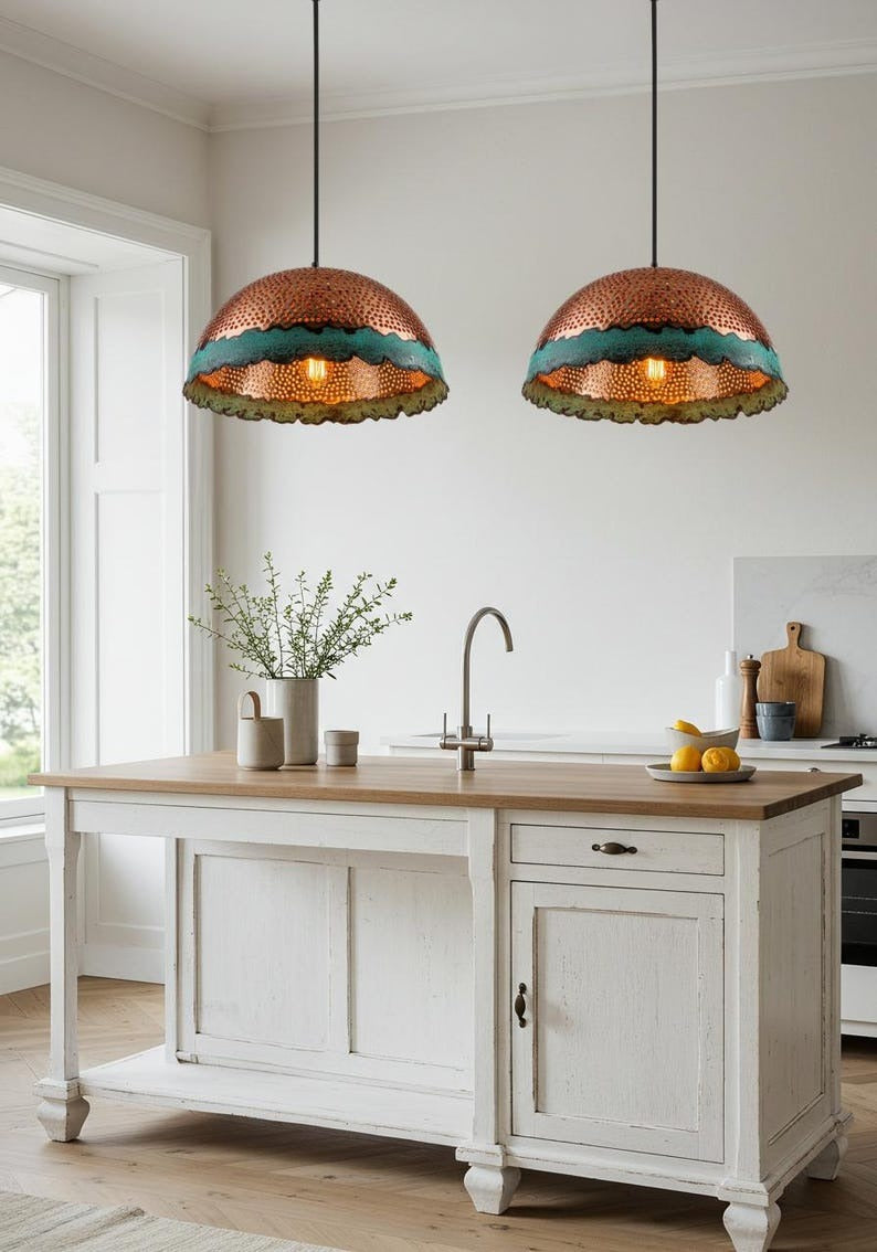 Pierced Verdigris Brass Dome Pendant Light – Hammered Copper Moroccan Kitchen Island Chandelier