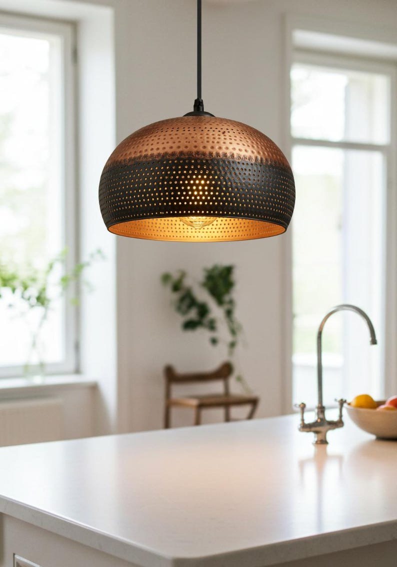 Perforated Brass Dome Pendant Light – Two-Tone Copper & Black Moroccan Kitchen Island Chandelier