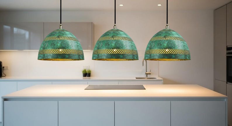 Handmade Moroccan Brass Dome Pendant Light – Turquoise Verdigris Patina Hanging Lamp with Pierced Lattice Bands, Boho Mediterranean Ceiling Light for Kitchen Island, Dining Room, Bedroom & Entryway