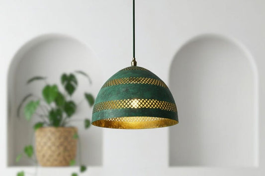 Handmade Moroccan Brass Dome Pendant Light – Turquoise Verdigris Patina Hanging Lamp with Pierced Lattice Bands, Boho Mediterranean Ceiling Light for Kitchen Island, Dining Room, Bedroom & Entryway