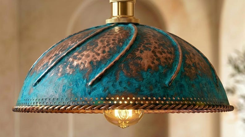 Handmade Brass Moroccan Dome Pendant Light – Blue Verdigris Patina & Copper Hammered Brass Hanging Lamp with Rope Trim, Rustic Kitchen Island Ceiling Fixture