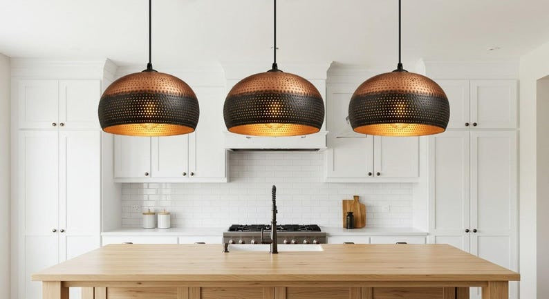 Perforated Brass Dome Pendant Light – Two-Tone Copper & Black Moroccan Kitchen Island Chandelier