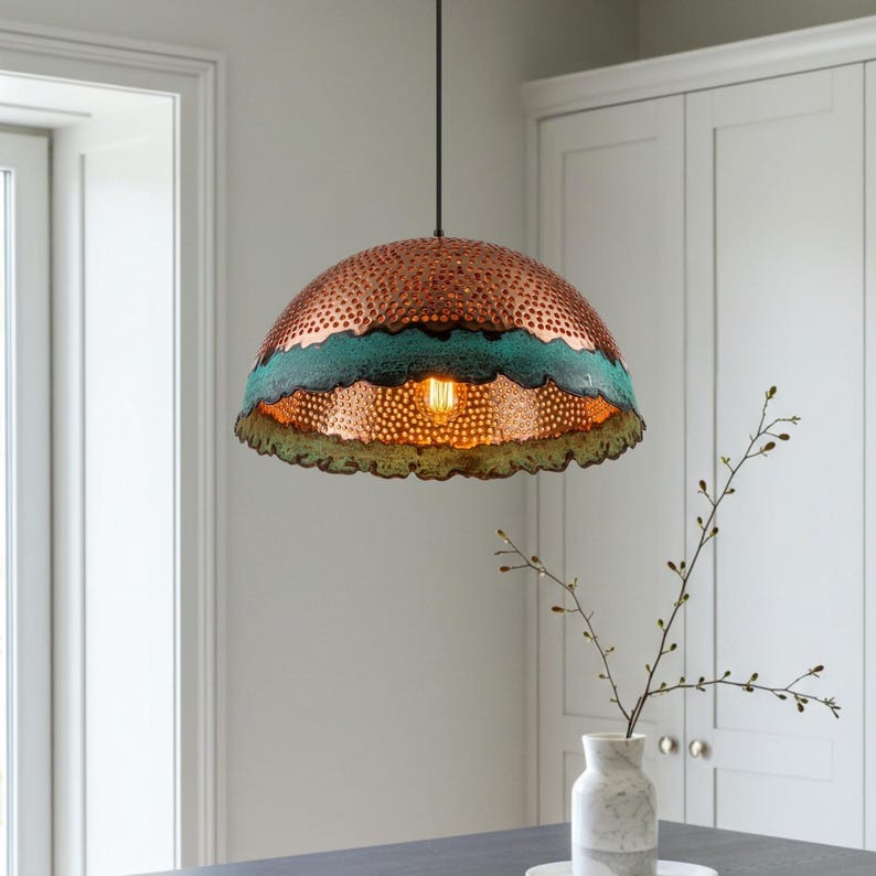 Pierced Verdigris Brass Dome Pendant Light – Hammered Copper Moroccan Kitchen Island Chandelier