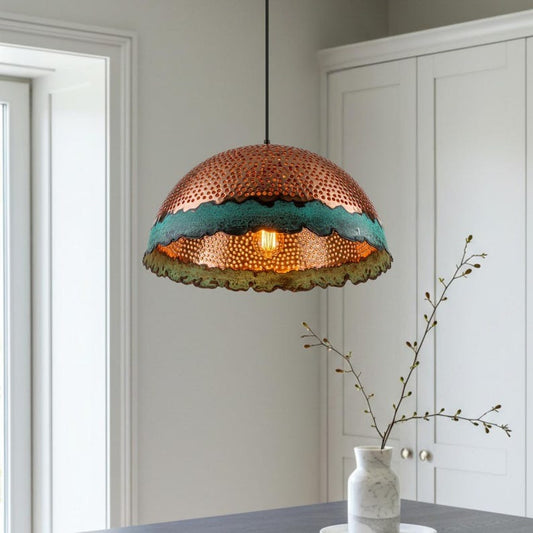 Pierced Verdigris Brass Dome Pendant Light – Hammered Copper Moroccan Kitchen Island Chandelier